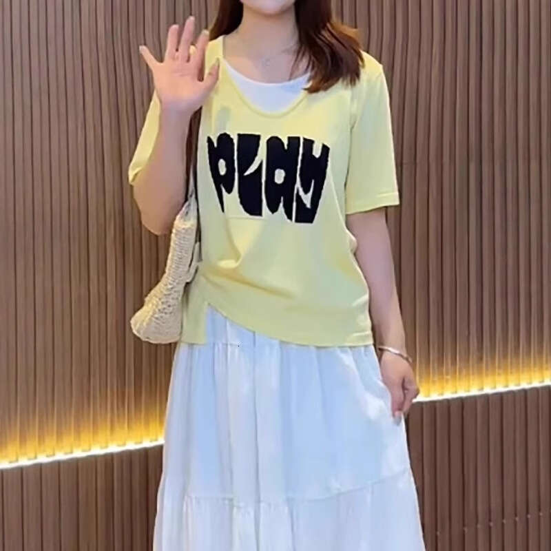 Fake Two-Piece Round Neck Short Sleeve T-Shirt For Women Summer Large Size Design Sense Patchwork Color Block Letter Commuter Top B5