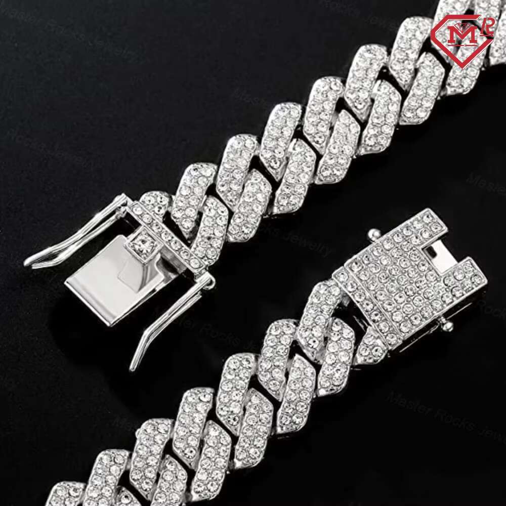 Hiphop Cuban Link Chain 15mm 2 Row Iced Out Chain Men 925 Silver Vvs Moissanite Cuban Chain