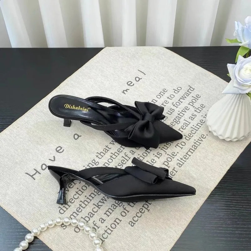 Fairy Style Pink Cool Slippers for Womens Summer 2024 French Pointed Bow Hollow High Heels Half Wrapped 250703