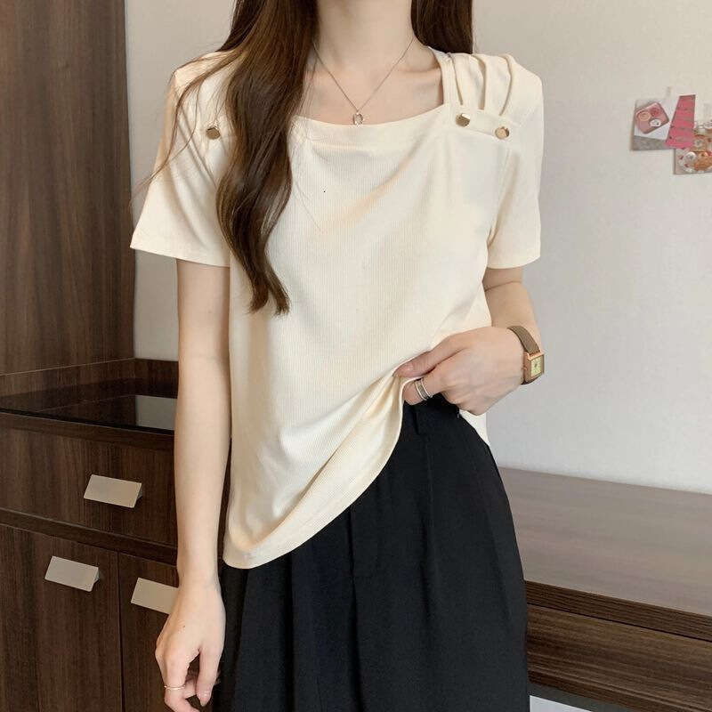Plus Size Tummy Regular Shoulder Square Neck Short Sleeve Summer Cotton Slightly Korean Version Slimming Covering Fat Top Women Wholesale B5