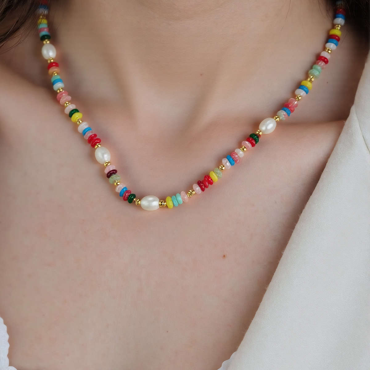 Minimalist Dopamine Rainbow Beaded Necklace Niche Design Light Luxury Collar Chain TM0032