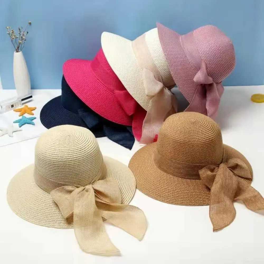 New Summer Women Sun Hat Casual Fashion Bowtie Fisherman Hat Straw Hat with Bow Ribbon Travel Beach Hat Y250707