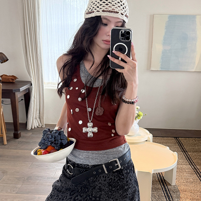 2025 Summer new women's T-shirt fashion street style handmade sequins niche color block two-piece set short sleeved T-shirt new designer T-shirt