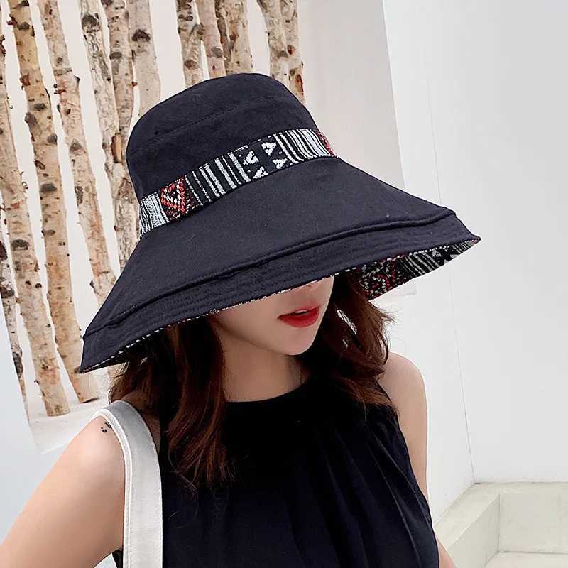 Hat Womens Summer Big Edge Double-Sided Sunshade Bucket Hat Korean Version Versatile Ethnic Style Travel Sun Protection Cap Y250707