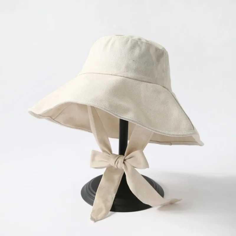 Summer Spring Japan Tie Bucket Hat Women Korean Big Brim Fisherman Hat Foldable Sunscreen Chic Cotton Linen Beach Sun Hat Y250707