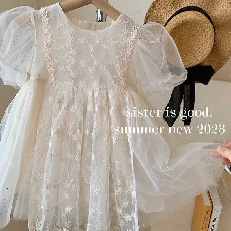 Korean Style New Summer Princess Dress Round Collar Short Sleeves Solid Color Dresses with Lace Children Clothing E23023 R250707