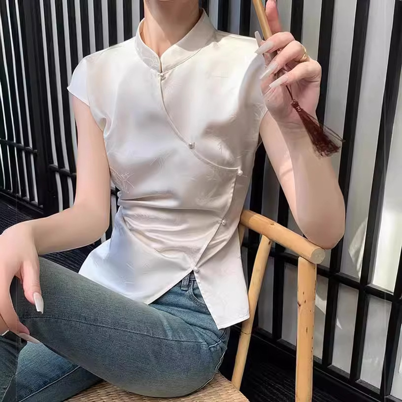 2025 Summer New Women's T-shirt Rice White Sleeveless New Chinese Ethnic Style Women's T-shirt Summer Slimming Unique Top New Designer T-shi