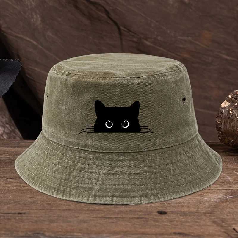 Tsute Black Cat Print Pattern Fisherman Hat With Vintage Style Suitable for Outdoor Travel for Men and Women Y250707