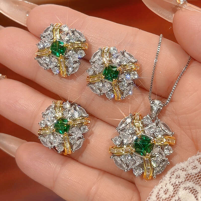 New Set Necklace Earrings Ring Gemstone Green Jewelry For Women 95A
