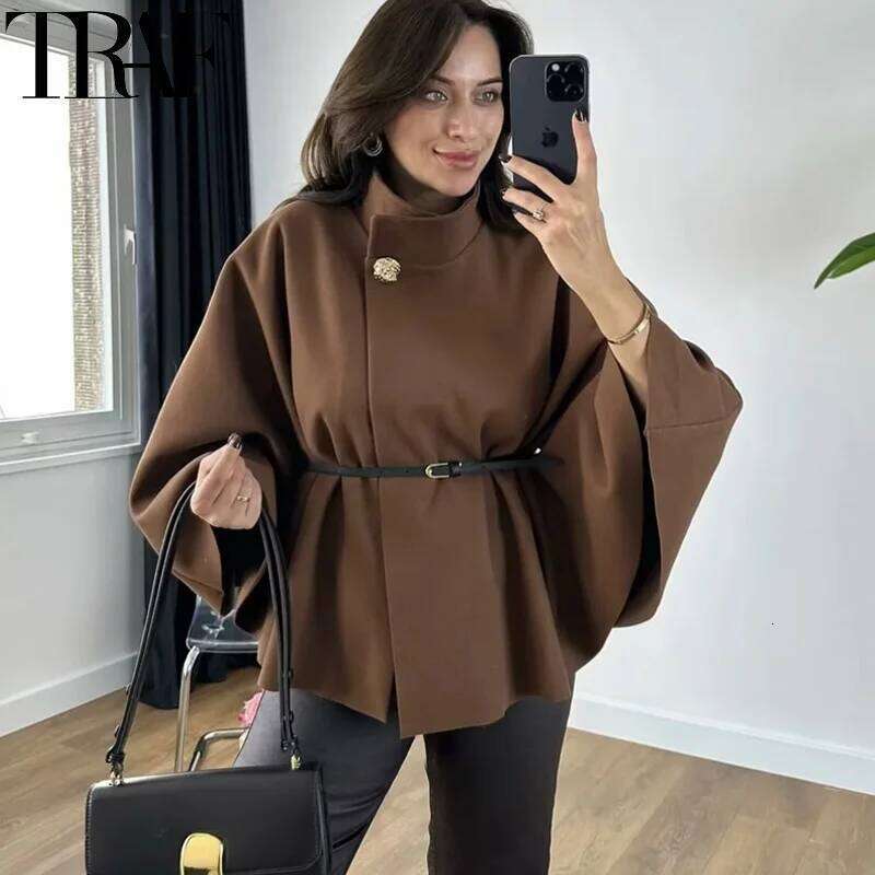 TRAF Womens Coat Short Cape For Women Belt Faux Wool & Blends Autumn Winter Solid Coats Elegant Cloak Jacket Ladies