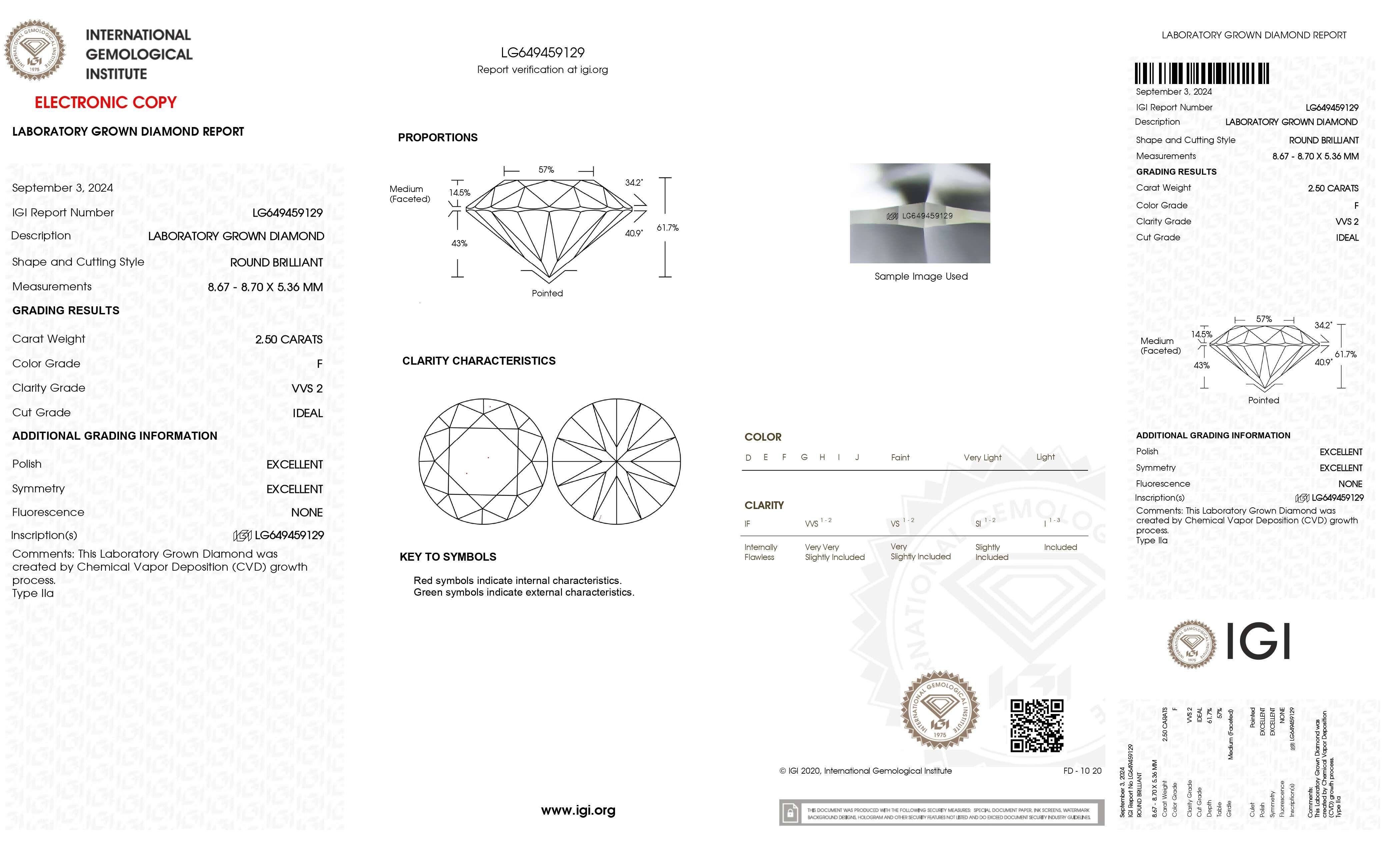 CVD Lab Grown Diamond 2.50 CT. Round Excellent Cut 8.67 MM F Color VVS2 IGI Certified For Personalized Ring or Pendent
