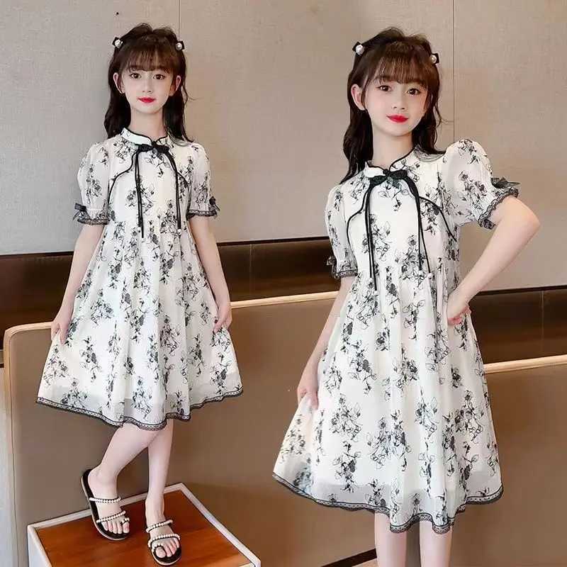 2024 New Vintage Qipao Dress for Girls Summer Ink Painted Childrens Princess Dress Summer Flower Girl Dresses 8 10 11 12 Years R250707