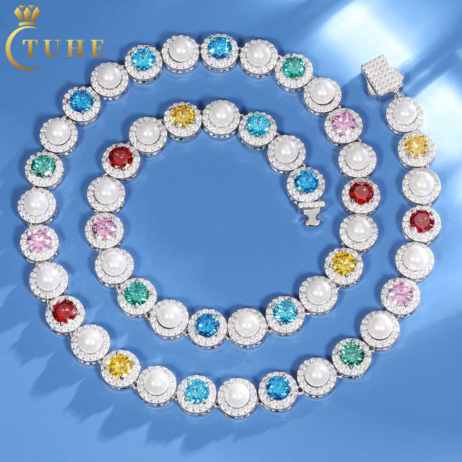 Pearl Series 9.5mm 925 Sterling Silver Mixed Colored VVS Moissanite Gemstone Freshwater Pearl Cluster Halo Tennis Chain Necklace