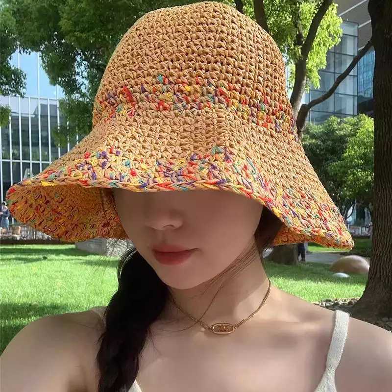 Rainbow Woven Womens Sunscreen Hat Summer Japanese Straw Hat Protective Fashion Breathable Hollow Beach Sun Hat Y250707