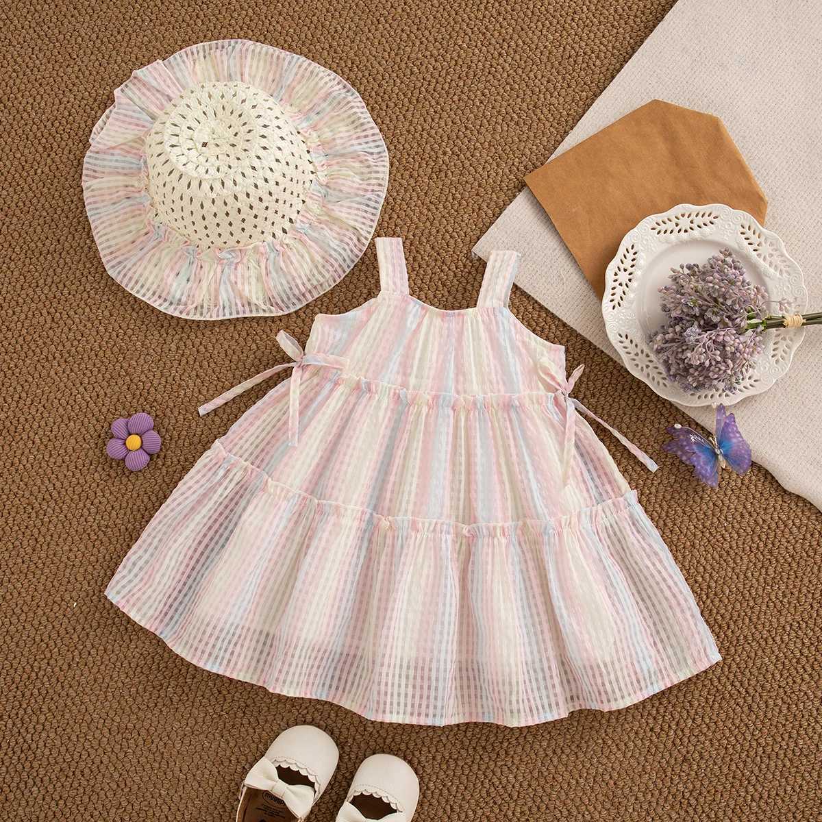 Girl Pink Dress Bow Colorful Plaid Print Suspender Girl Princess Dress Summer Beach Vacation Costume with Hat R250707