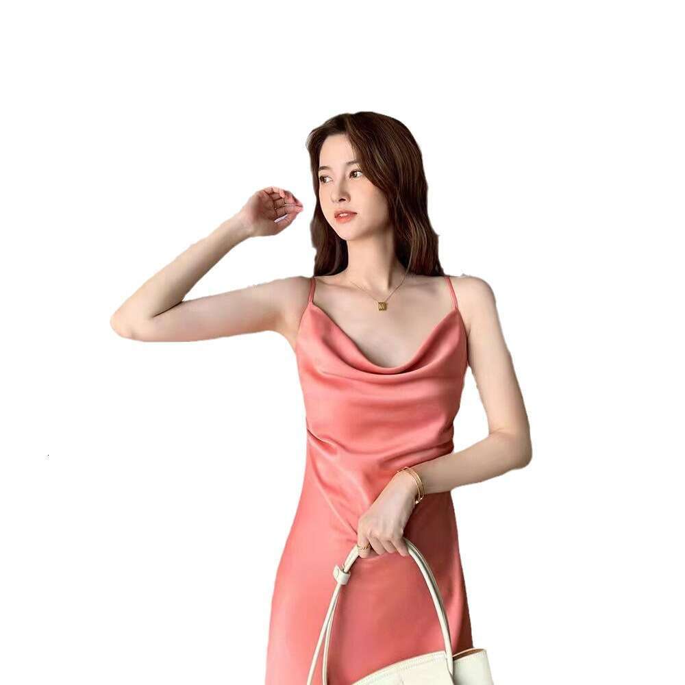 Summer Champagne Color Acetate Satin High-End Versatile Slimming Scoop Neck Gentle Style Strap Long Dress B5
