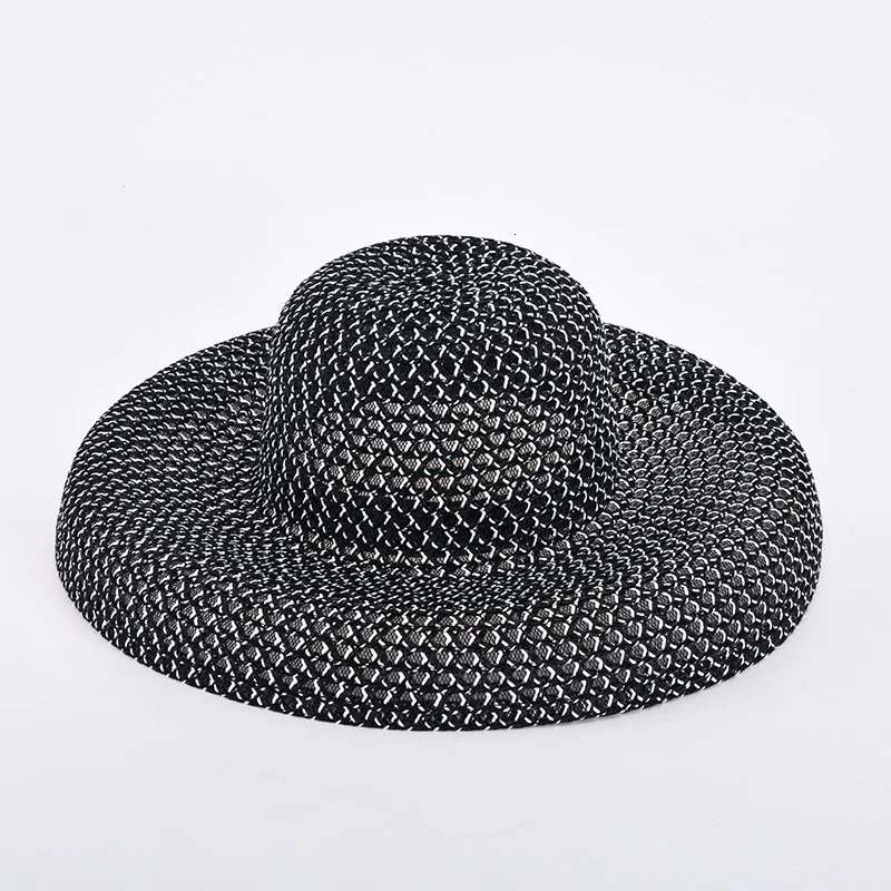 Summer PP Black and White Straw Hat Sun Sunscreen Holiday Seaside Beach Big Brim Hat 250707