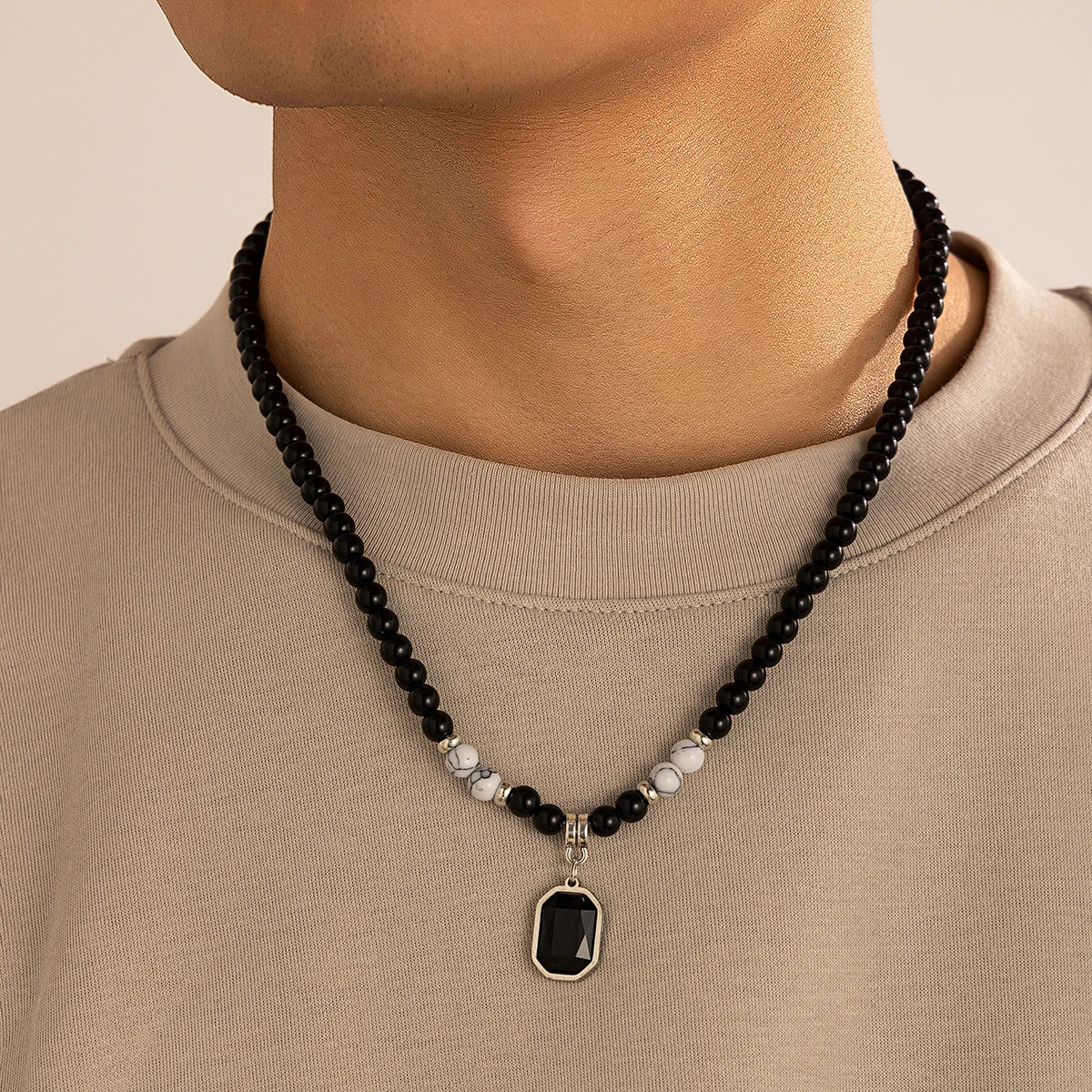 KunJoe Hip Hop Stainless Steel Square Pendant Necklace for Men Natural Tiger Eye Stone Acrylic Bead Strand Neck Jewelry 250704