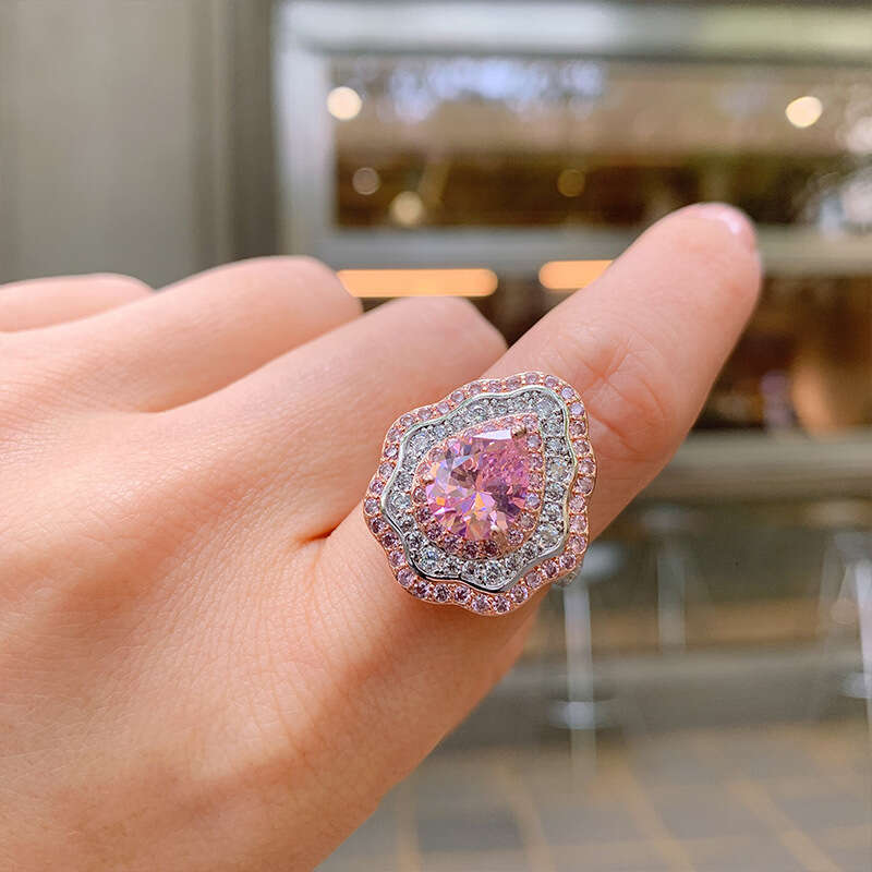 New Pink Diamond Micro Pave Pear Shape Colorful Jewelry Exaggerated Zircon Ring For Women 6Da