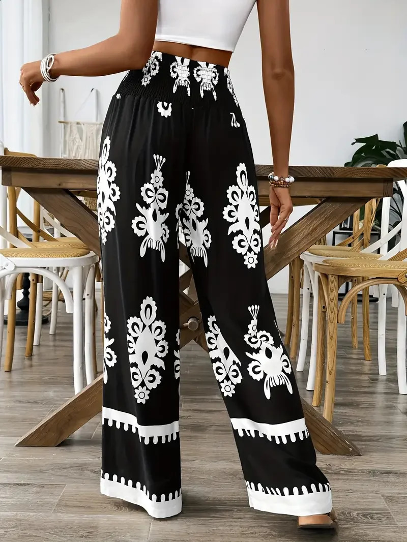 Plus Size 1XL5XL Women Fashion Floral Print Wide Leg Pants Female Casual Elegant Drawstring High Waisted Loose Long Trousers 250628