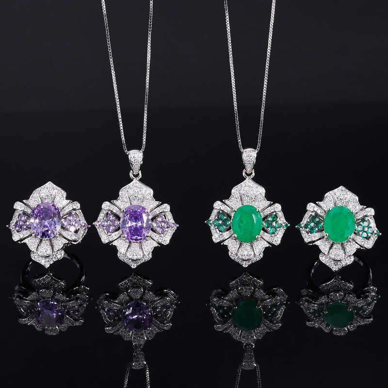 Colorful Gemstone For Women With Purple Kunzite Pendant And Paraiba Green Ring Necklace 948