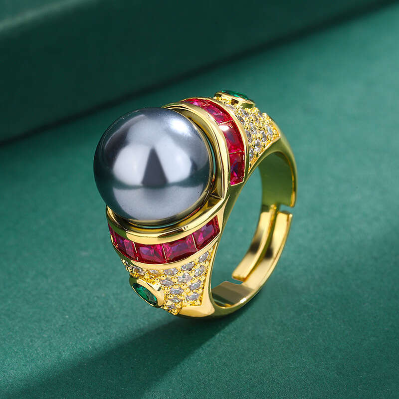Huayoumei Gold-Plated Light Luxury Enamel Zircon Tahitian Gray Pearl Ring E2f