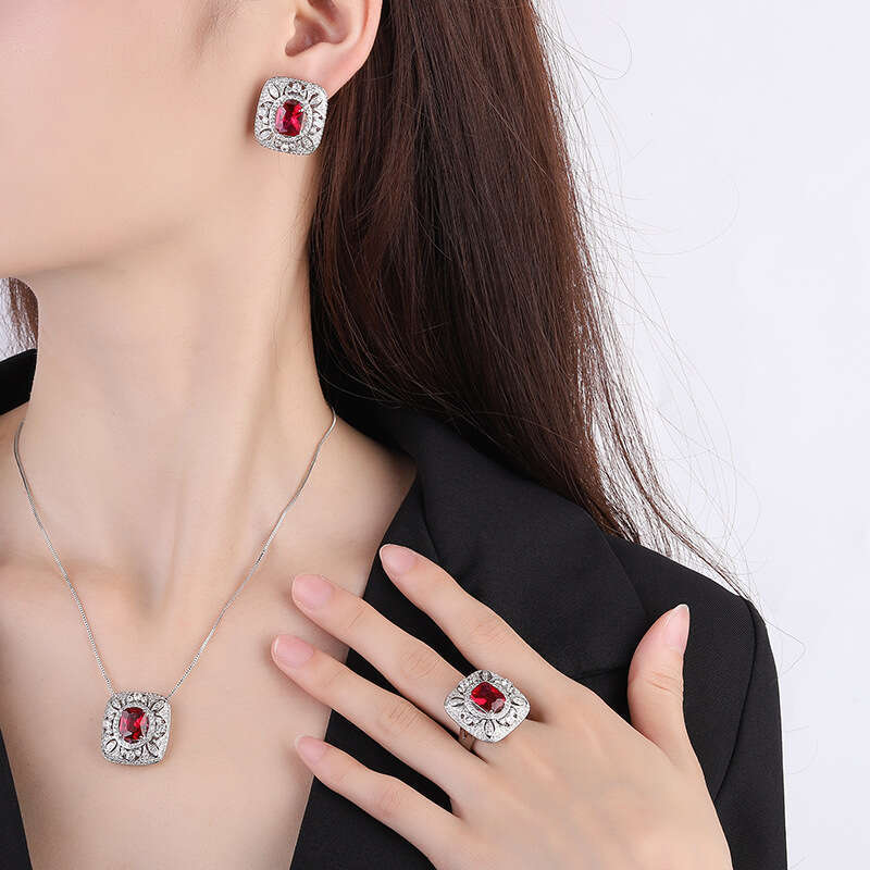 Exquisite Hollow Zircon Earrings Gemstone Set Red Corundum Pendant Square Dia Ring For Women High-End Feel 647