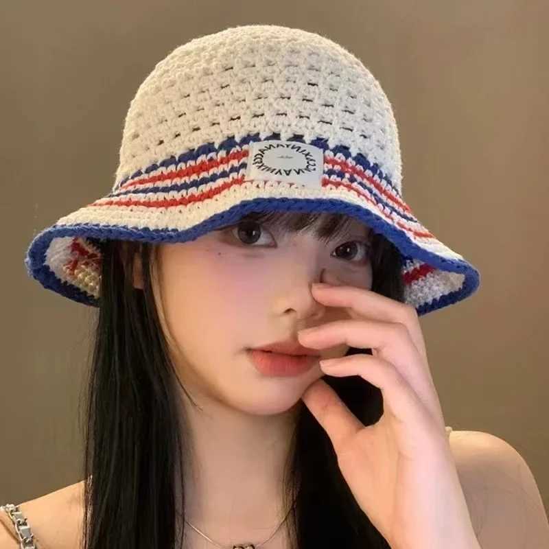 Japanese Korean Style Bucket Hat - Hand-Knitted Wool Hollow Sunshade Summer Breathable Crochet Cap for Women Fashion Sun Protection Y250707