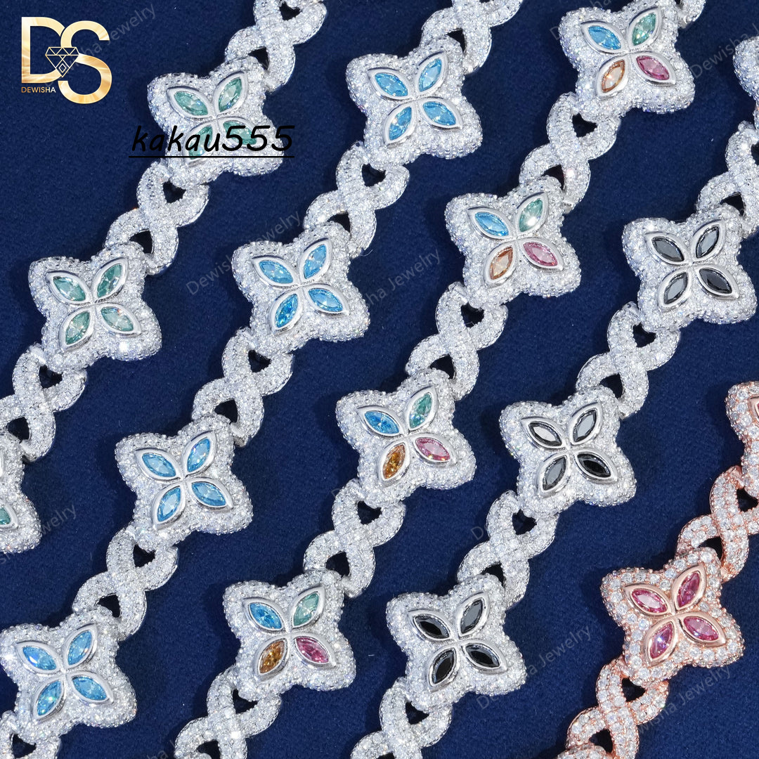 Hip Hop Jewelry 15mm Marquise Flower Design Iced Out Unisex Moissanite Cuban Link Chain 925 Silver Moissanite Bracelet