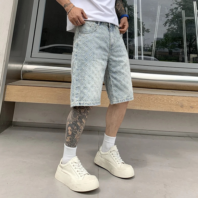 bg9377 American retro jacquard denim shorts men gangster handsome summer thin section senior sense of five in the trousers 250617