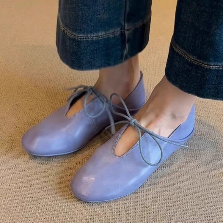 Soft Leather Flat Slip-On Two-Way Wear Women's Spring Summer New Lace-Up Hollow Round Designer Toe Shoes
