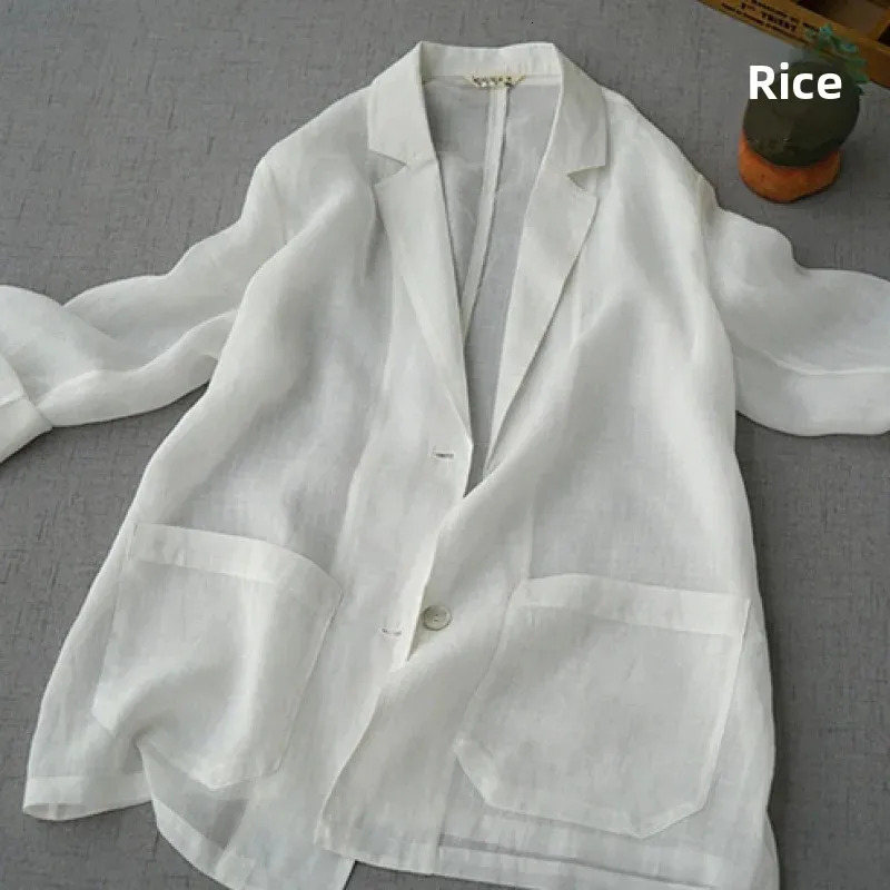 Spring Summer Womens Fine Flax Suit Jacket Casual Loose Long Sleeve Top Pure Color Outerwear Sun Protection Shirt 250625