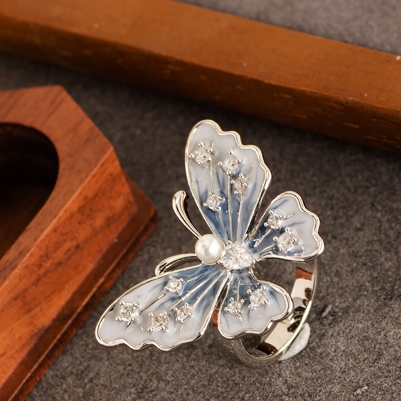 Exquisite Fashion Diamond-Studded Pearl Oil-Drip Butterfly Open for Women, Non-Fading, Petite Minimalist Style Adjustable Index Finger Ring