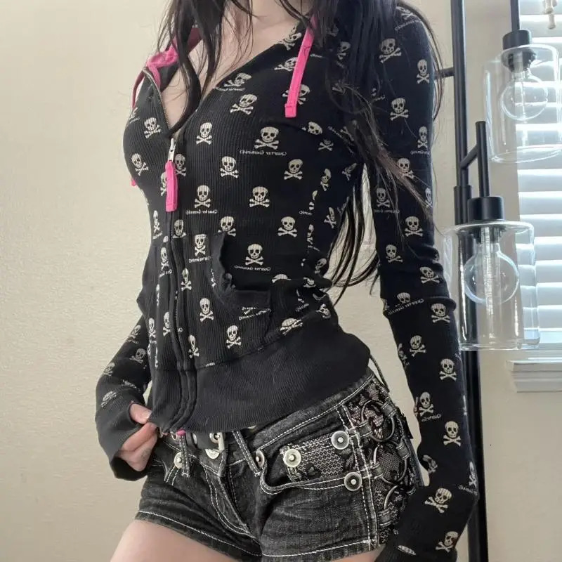 Punk Hoodie Y2k Clothes Girl Slim Zipper Hooded Sweatshirt Coats Streetwear Gothic Thin Jacket Gothic Harajuku Vintage Tops 250708