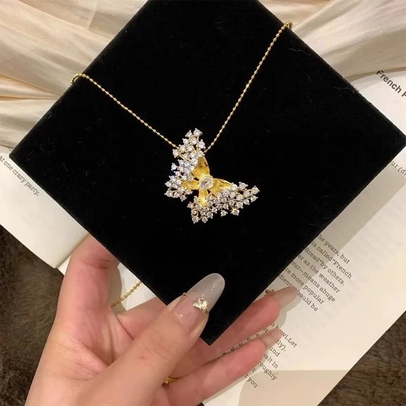 Italian Brushed Full - Diamond Butterfly Necklace, Vintage and Noble Clavicle Chain, Elegant Neck Chain