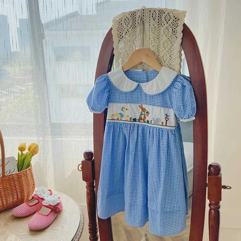 Summer Animal Embroidery Plaid Girls Dress Lace Edge Doll Lapel Bubble Sleeve Childrens Dress Cute Plaid Baby Kids Clothing R250707