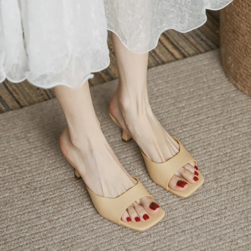 Size 3442 Women Heeled Mules Sandals Soft Leather High Heels Summer Shoes For Slippers Vintage Open Toe Slides 250703