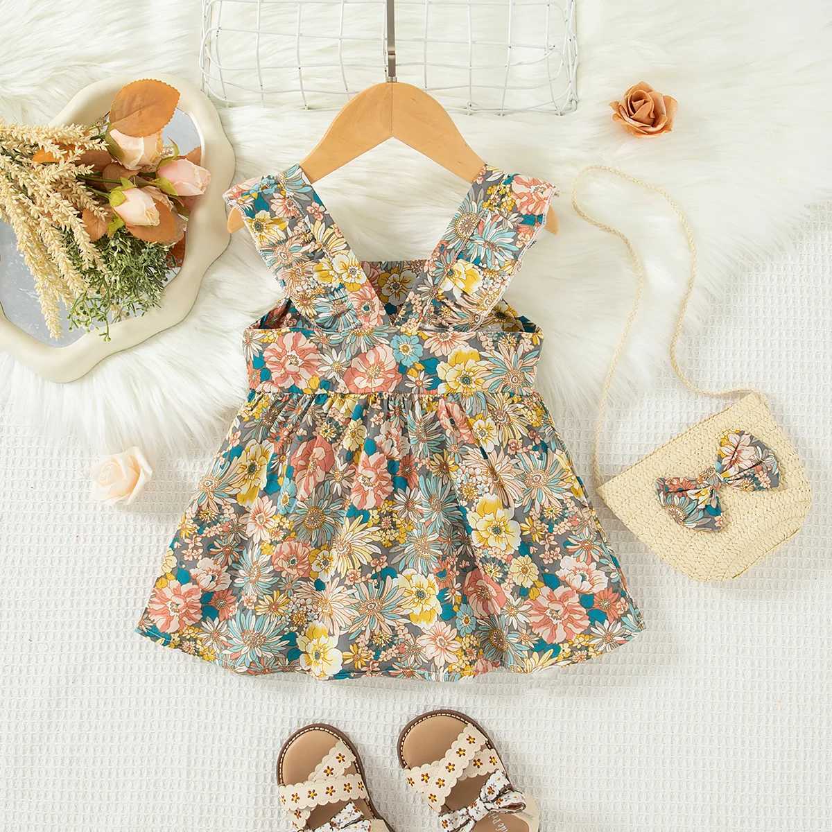 Baby Girl Clothes Summer Full Printed Daisy Pattern Halter Baby Girl Dress Cute Casual Vacation Girl Kids Dress With Bag R250707