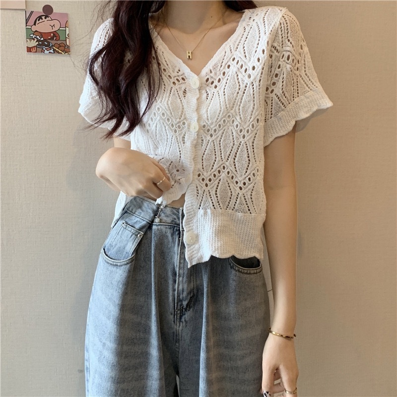 2025 Summer new women's T-shirt hollow knitted cardigan women's loose cover shirt short sleeved top new designer T-shirt