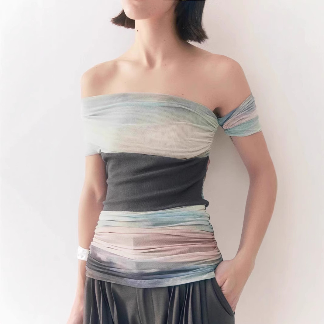 2025 Summer new women's T-shirt gradient mesh off shoulder T-shirt women's new pleated gradient color women's T-shirt new designer T-sh