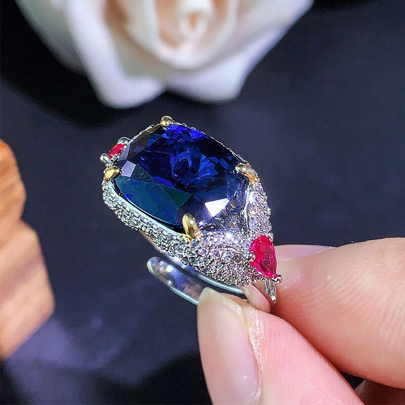 Jewelry New High-End Imitation Natural Emerald Crystal Ring Adjustable Pigeon Blood Red Royal Blue Inlaid With Diamonds 79B