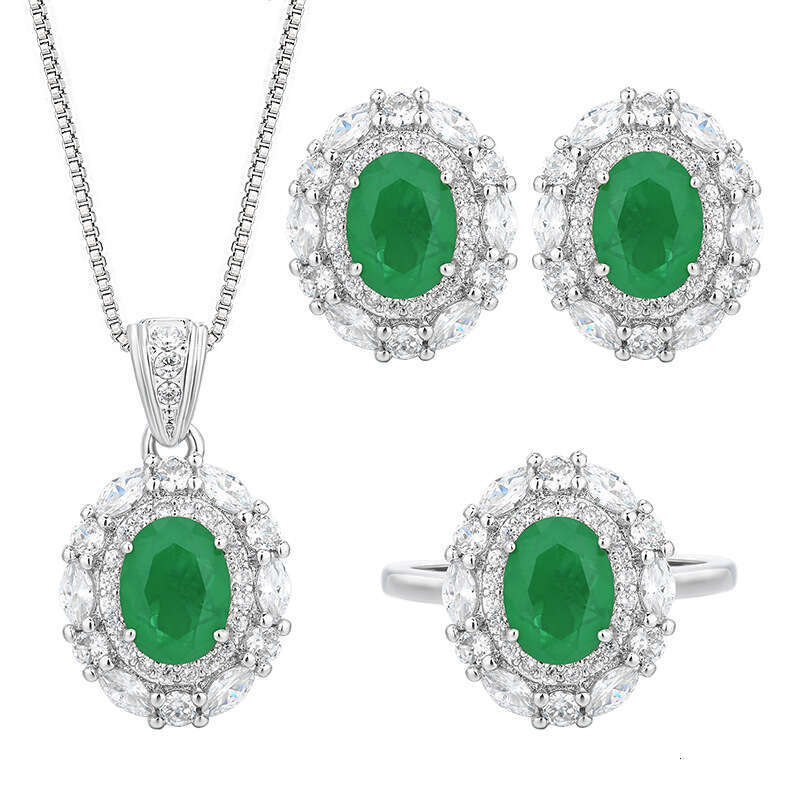 Huayoumei Jewelry New Set S Sier Needle Earrings Necklace Imitation Paraiba Emerald Women's Style D18