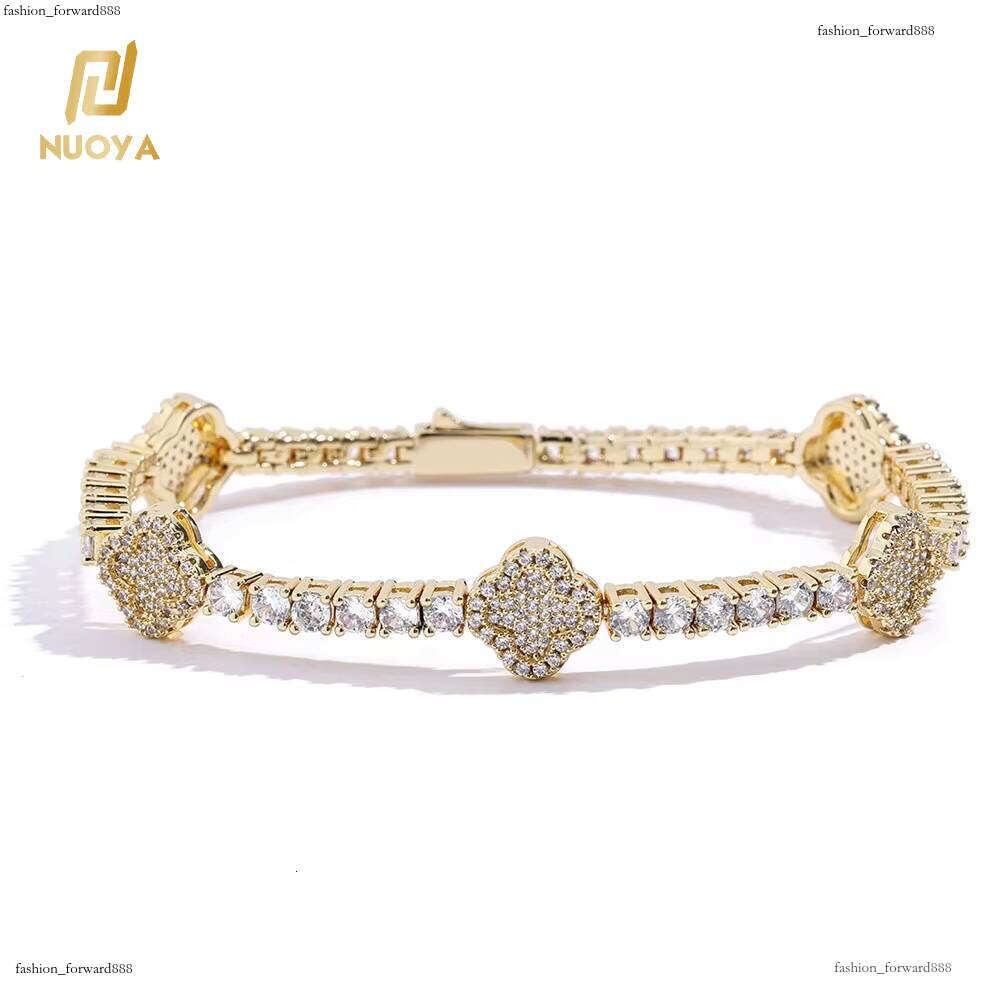 NUOYA Fashion Jewelry Small Four Leaf Clover Tennis Bracelet Gold Plated Brass Cubic Zirconia Chain & Link Bracelets for Women