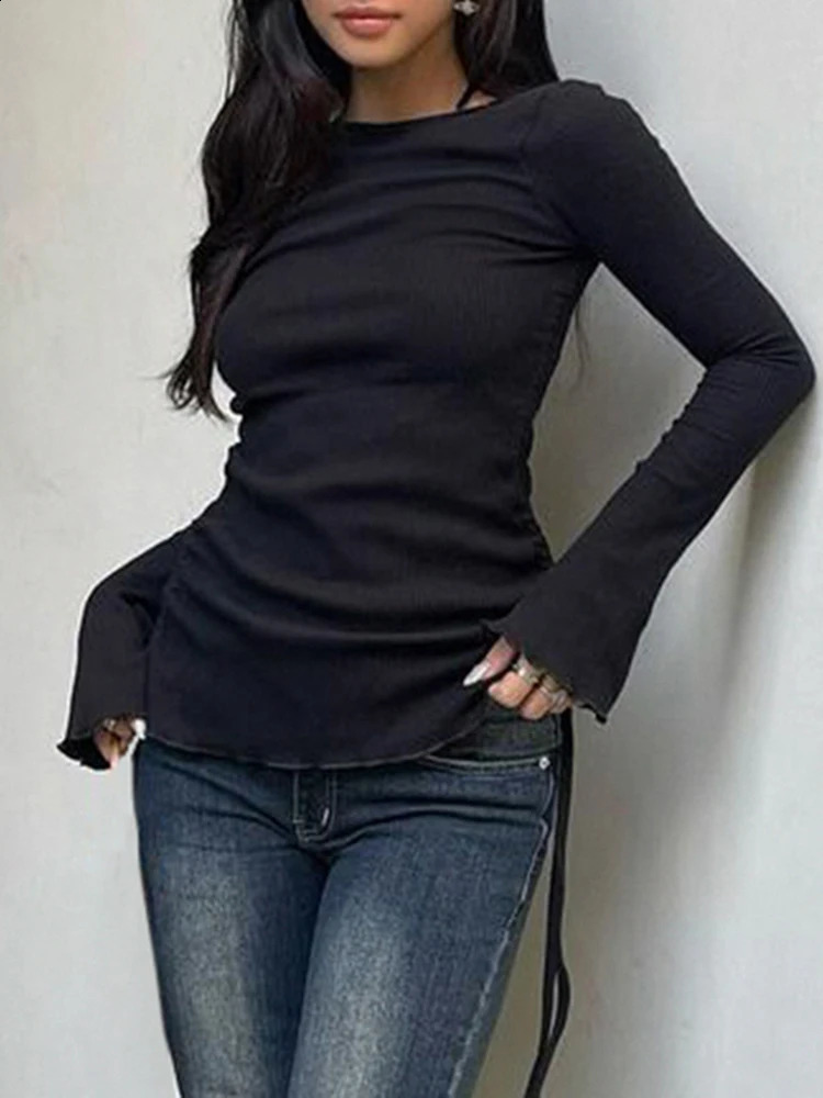 Black Solid Ribbed O Neck Slim Long Sleeve Basic Long Sleeve T Shirt Women Side Shirring Lace-Up Chic Fashion Elegant Simple Tee 250703