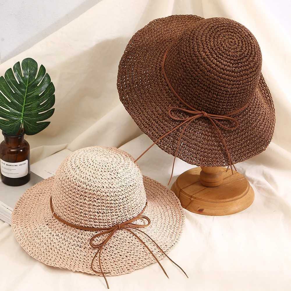 New Holiday Beach Fisherman Hat Seaside Sun Protection Sun Hat Large Brim Bow Woven Straw Hat Women Panama Chapeau Korean Y250707