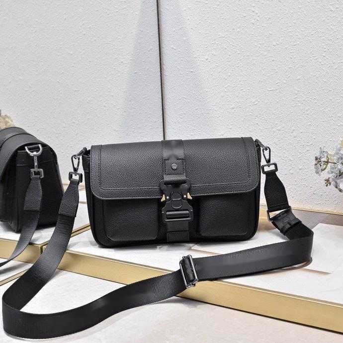 2025--10A New Men's Bag Black Cowhide Buckle Wide Shoulder Strap Medium Shoulder Crossbody Bag