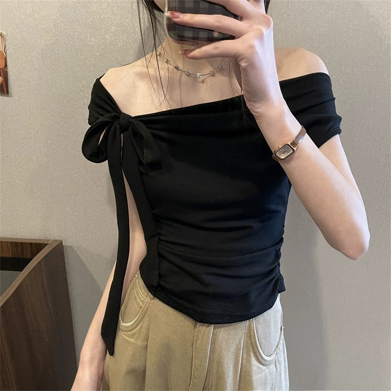 2025 Summer new women's T-shirt pure desire shoulder strap collar short sleeved women's T-shirt summer new slim fit top new designer T-shirt
