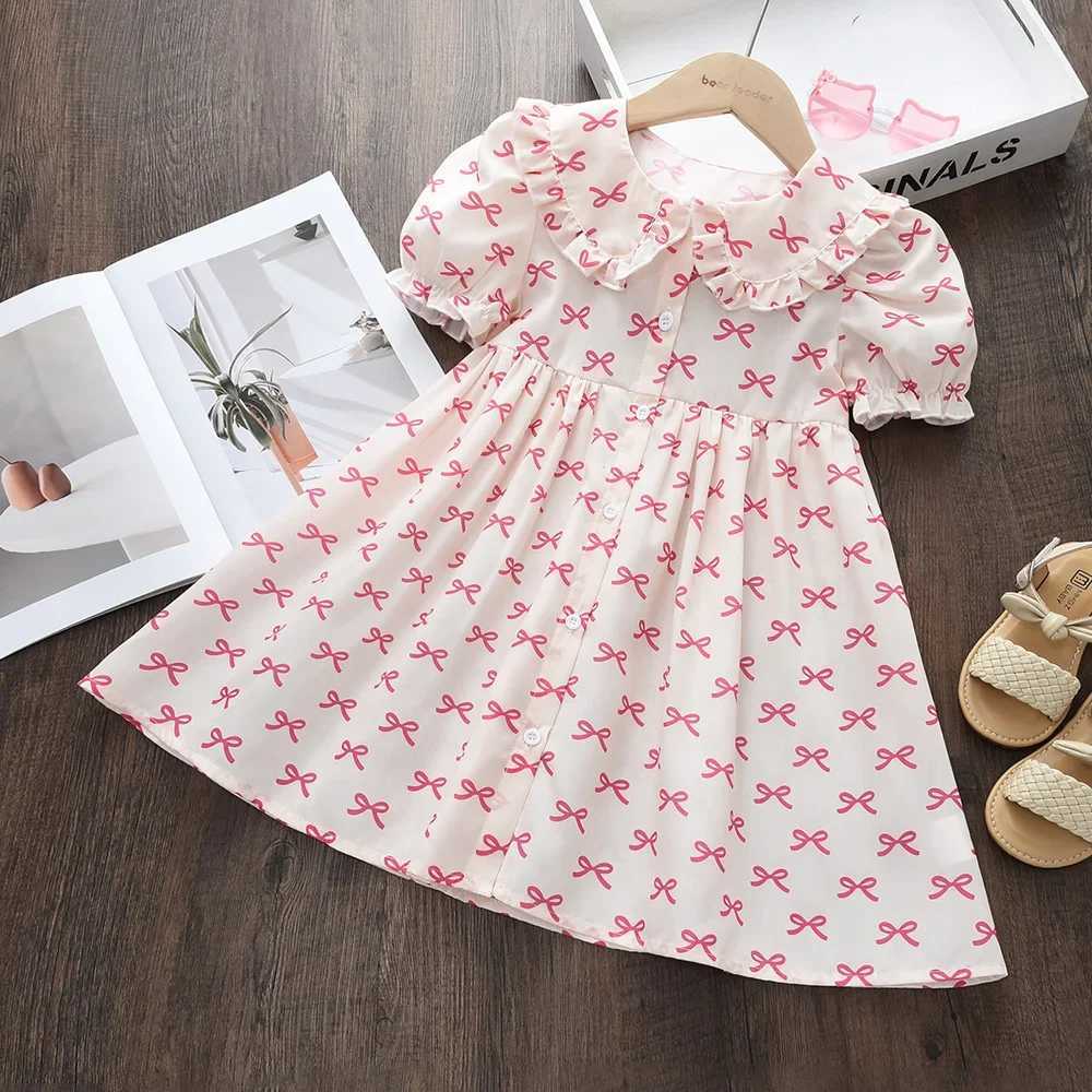 Korean Version Summer New Fashion 3-7 Years Girls Sweet Puff Sleeve Princess Dress 1 Pc Kids Bow Print Casual Clothes R250707