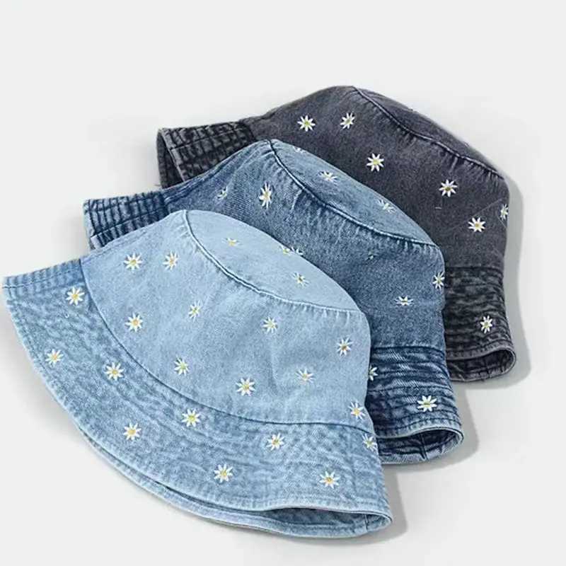 Popular Little Daisy Embroidered Cotton Summer Jeans Bucket Hat Cap For Women Spring Fisherman Hat Outdoor Travel Sunshade Gift Y250707