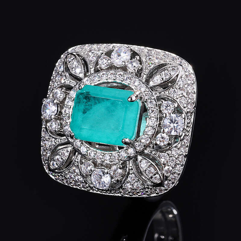 Square Full Dia Zircon Earrings For Women Hollow Paraiba Necklace Pendant Faux Jewelry Set Ring F5f